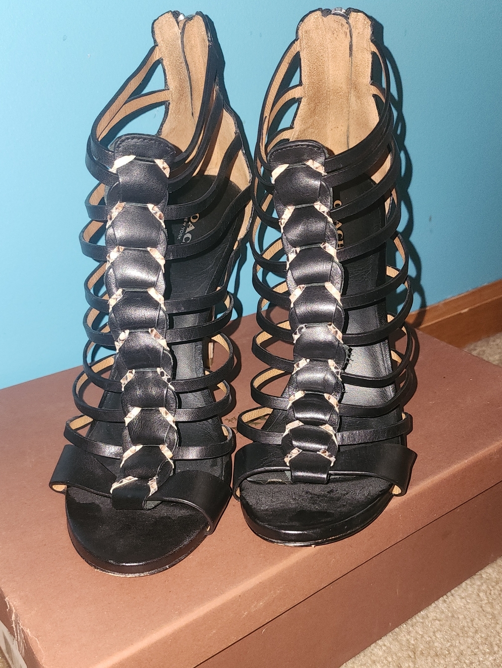 Coach Josey Strappy Gladiator High Heels Black Snake Print Roccia 9.5 M With Box